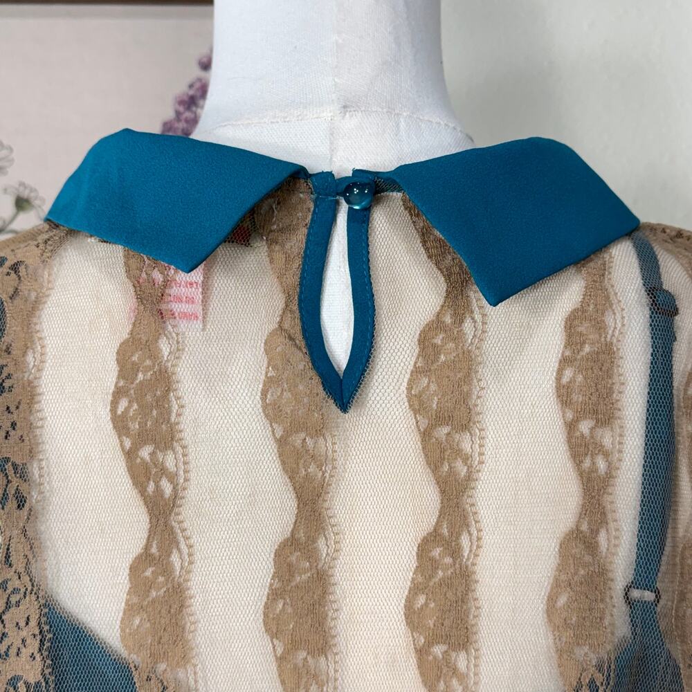 Vintage 90s Y2k Collared Sheer Lace Mini Dress Mod Retro Whimsy Twee 70s Style M - Picture 5 of 9